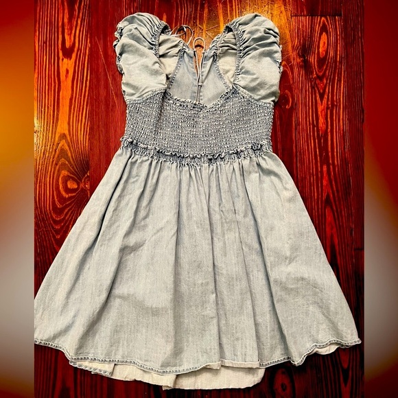 FREE PEOPLE Daphne Denim Mini Dress Corset Tie Up Back Boho - Picture 2 of 11